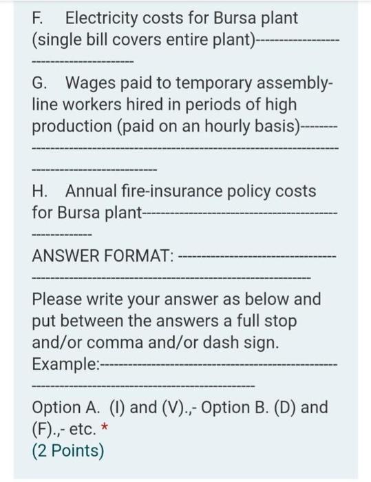 F. Electricity costs for Bursa plant (single bill covers entire plant)-------- G. Wages paid to temporary assembly- line work