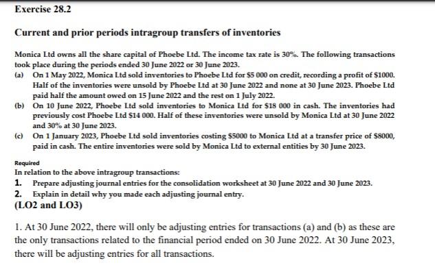 Exercise 28.2 Current and prior periods intragroup transfers of inventories Monica Ltd owns all the share capital of Phoebe L