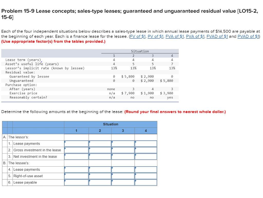 Problem 15-9 Lease concepts; sales-type leases; guaranteed and unguaranteed residual value [LO15-2, 15-6] Each of the four independent situations below describes a sales-type lease in which annual lease payments of $14,500 are payable at the beginning of each year. Each is a finance lease for the lessee. (FV of $1, PV of $1, FVA of $1, PVA of $1, FVAD of $1 and PVAD of $1) (Use appropriate factor(s) from the tables provided.) Situation 4. 4 Lease term (years). Assets useful life (years) Lessors implicit rate (known by lessee) Residual value 4 4 13% 4 13% 13% 13% 0 $5,800 2,900 Guaranteed by lessee Unguaranteed 0 2,900 $5,800 Purchase option: After (years) Exercise price Reasonably certain? none n/a 7,900 1,900 3,900 n/a no no yes Determine the following amounts at the beginning of the lease: (Round your final answers to nearest whole dollar.) Situation A. The lessors 1. Lease payments 2. Gross investment in the lease 3. Net investment in the lease B. The lessees 4. Lease payments 5. Right-of-use asset 6. Lease payable