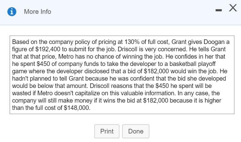 - X i More Info Based on the company policy of pricing at 130% of full cost, Grant gives Doogan a figure of $192,400 to submi