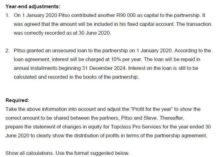 Year-end adjustments: 1. On 1 January 2020 Pitso contributed another R90 000 as capital to the partnership. It was agreed tha