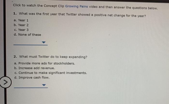 Click to watch the Concept Clip Growing Pains video and then answer the questions below. 1. What was the first year that Twit