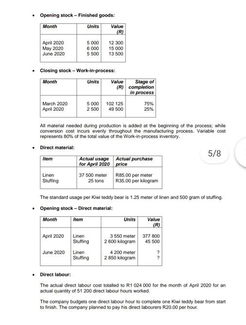 Opening stock - Finished goods: Month Units Value (R) April 2020 May 2020 June 2020 5 000 6 000 5 500 12 300 15 000 13 500 Cl