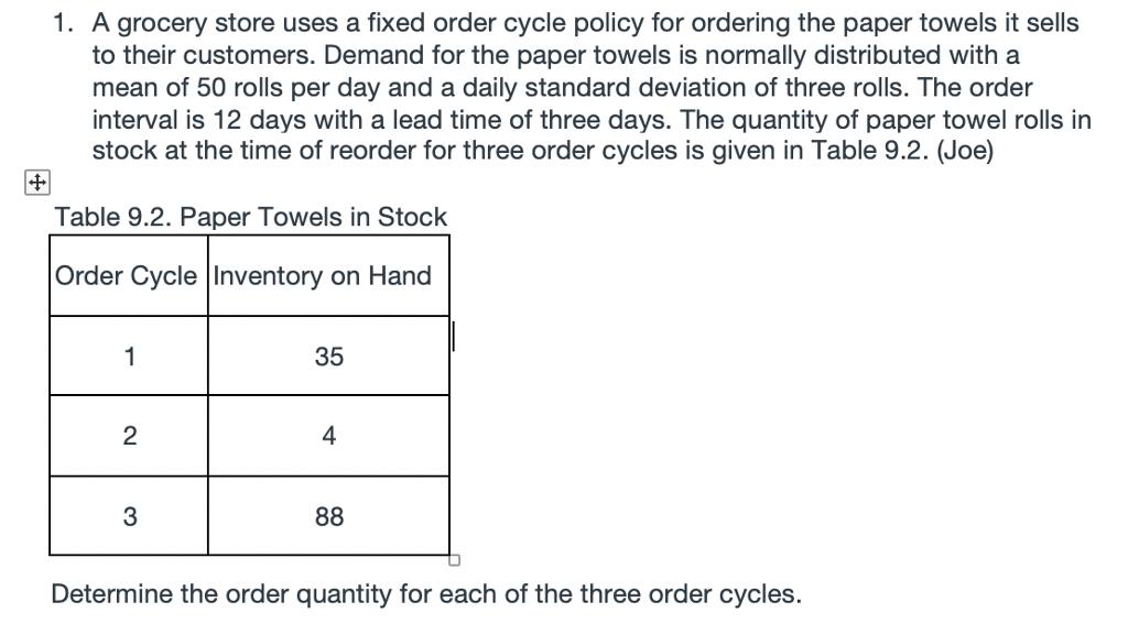 1. A grocery store uses a fixed order cycle policy for ordering the paper towels it sells to their customers. Demand for the paper towels is normally distributed with a mean of 50 rolls per day and a daily standard deviation of three rolls. The order interval is 12 days with a lead time of three days. The quantity of paper towel rolls in stock at the time of reorder for three order cycles is given in Table 9.2. (Joe) Table 9.2. Paper Towels in Stock Order Cycle |Inventory on Hand 35 2 4 3 Determine the order quantity for each of the three order cycles.