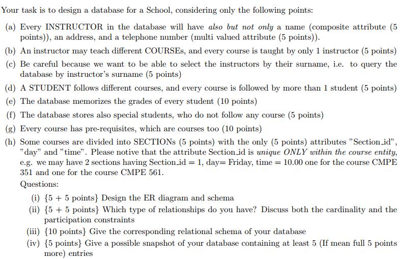 Your task is to design a database for a School, considering only the following points: (a) Every INSTRUCTOR in the database w