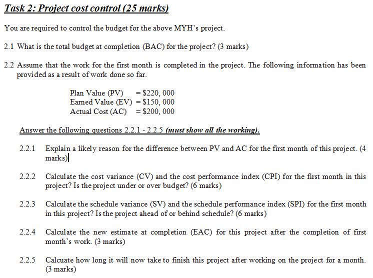 Task 2: Project cost control (25 marks) You are required to control the budget for the above MYHs project. 2.1 What is the t