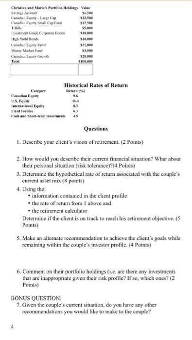 Christian and Marias Portfolio Holdings Value Savings Acco 51.500 Canadian Tiquity-Large Cup $12.00 Canadian Equity Small Ca