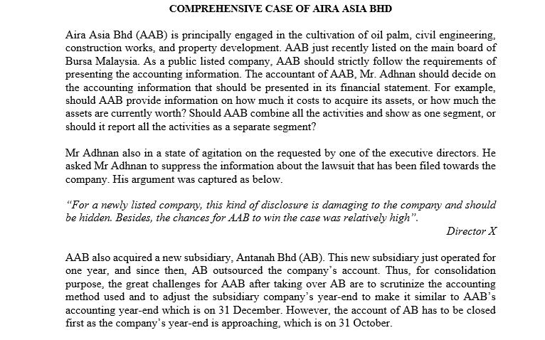 COMPREHENSIVE CASE OF AIRA ASIA BHD Aira Asia Bhd (AAB) is principally engaged in the cultivation of oil palm, civil engineer