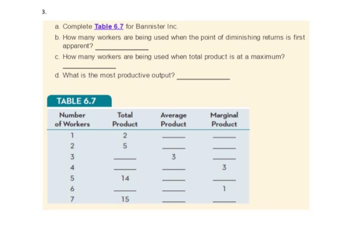 3. a. Complete Table 6.7 for Bannister Inc. b. How many workers are being used when the point of diminishing returns is first