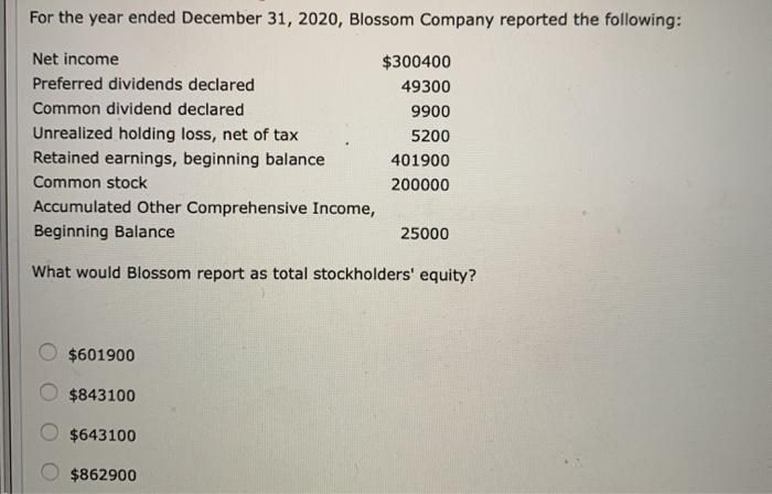For the year ended December 31, 2020, Blossom Company reported the following: Net income $300400 Preferred dividends declared