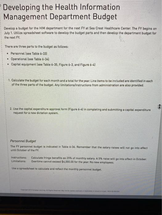 Developing the Health Information Management Department Budget Develop a budget for the HIM department for the next FY at Sea