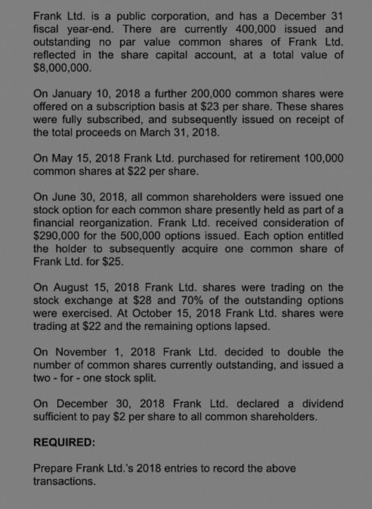 Frank Ltd. is a public corporation, and has a December 31 fiscal year-end. There are currently 400,000 issued and outstanding