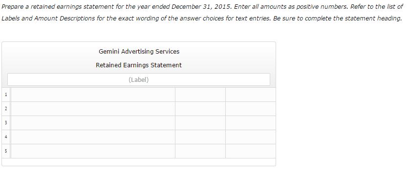 Prepare a retained earnings statement for the year ended December 31, 2015. Enter all amounts as positive numbers. Refer to t