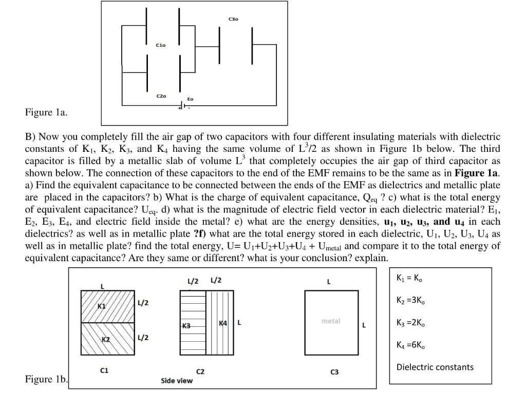 C30 Figure la. B) Now you completely fill the air gap of two capacitors with four different insulating materials with dielect