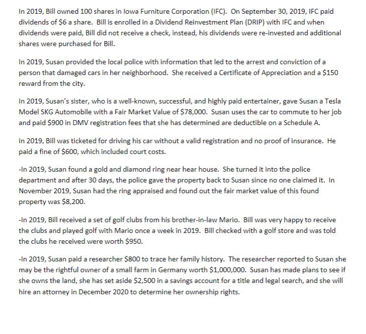 In 2019, Bill owned 100 shares in lowa Furniture Corporation (IFC). On September 30, 2019, IFC paid dividends of $6 a share.