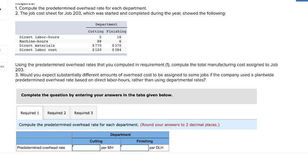 1. Compute the predetermined overhead rate for each department. 2. The job cost sheet for Job 203, which was started and comp