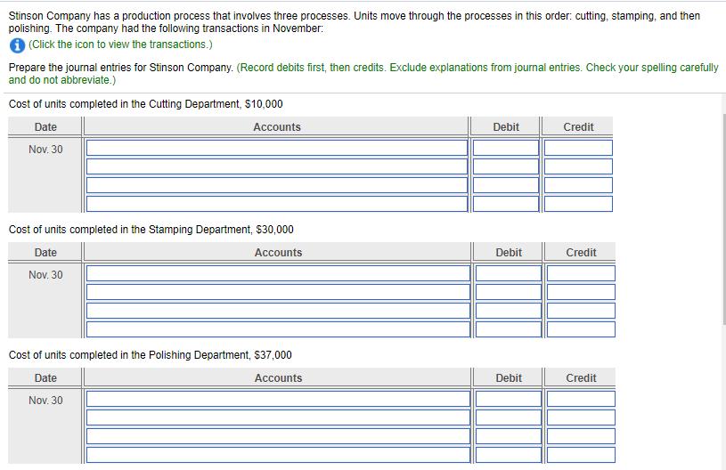 Stinson Company has a production process that involves three processes. Units move through the processes in this order cutting, stamping, and then polishing. The company had the following transactions in November (Click the icon to view the transactions.) Prepare the journal entries for Stinson Company. (Record debits first, then credits. Exclude explanations from journal entries. Check your spelling carefully and do not abbreviate.) Cost of units completed in the Cutting Department, $10,000 Date Accounts Debit Credit Nov. 30 Cost of units completed in the Stamping Department, $30,000 Accounts Debit Credit Nov. 30 Cost of units completed in the Polishing Department, $37,000 Date Accounts Debit Credit Nov. 30
