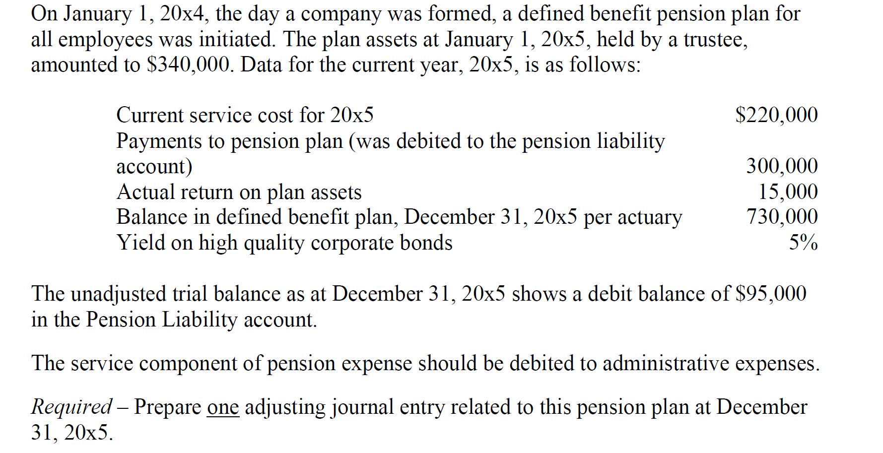 On January 1, 20x4, the day a company was formed, a defined benefit pension plan for all employees was initiated. The plan as