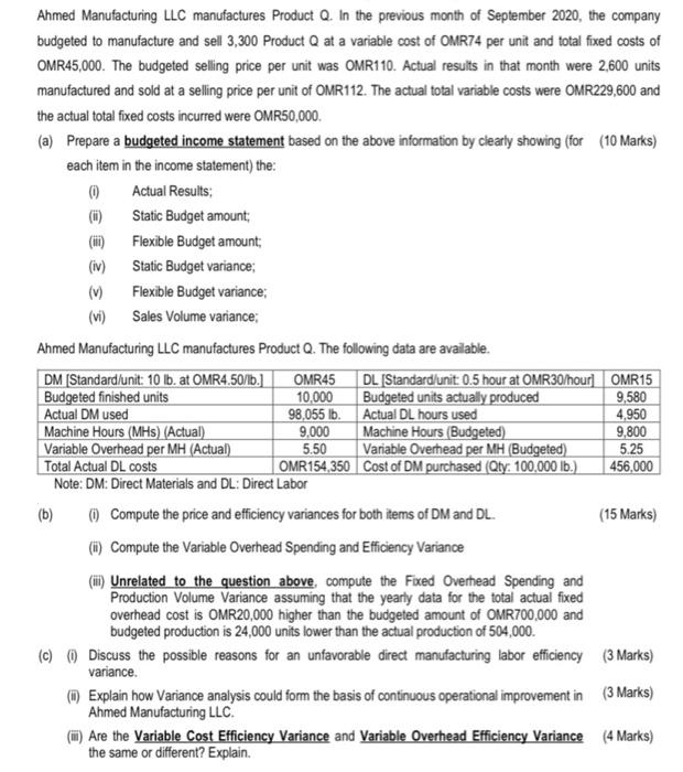 Ahmed Manufacturing LLC manufactures Product Q. In the previous month of September 2020, the company budgeted to manufacture