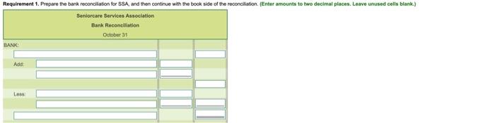 Requirement 1. Prepare the bank reconciliation for SSA, and then continue with the book side of the reconciliation (Enter amo