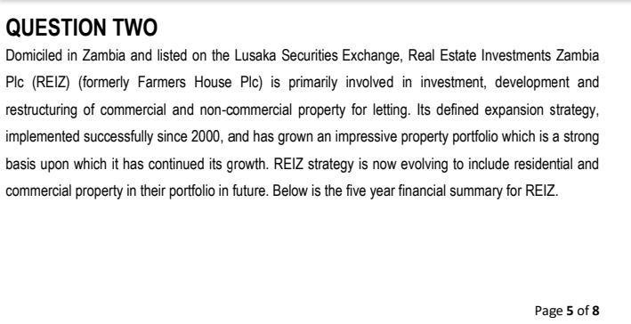 QUESTION TWO Domiciled in Zambia and listed on the Lusaka Securities Exchange, Real Estate Investments Zambia Plc (REIZ) (for