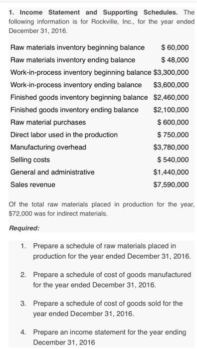 1. Income Statement and Supporting Schedules. The following information is for Rockville, Inc., for the year ended December 31, 2016 60,000 $ 48,000 Raw materials inventory beginning balance Raw materials inventory ending balance Work-in-process inventory beginning balance $3,300,000 Work-in-process inventory ending balance $3,600,000 Finished goods inventory beginning balance $2,460,000 Finished goods inventory ending balance $2,100,000 Raw material purchases Direct labor used in the production Manufacturing overhead Selling costs General and administrative Sales revenue $600,000 $750,000 $3,780,000 $ 540,000 $1,440,000 $7,590,000 Of the total raw materials placed in production for the year $72,000 was for indirect materials. Required 1. Prepare a schedule of raw materials placed in production for the year ended December 31, 2016. 2. Prepare a schedule of cost of goods manufactured for the year ended December 31, 2016 3. Prepare a schedule of cost of goods sold for the year ended December 31, 2016 4. Prepare an income statement for the year ending December 31, 2016