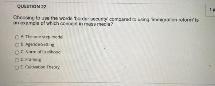QUESTION 22 1p Choosing to use the words border security compared to using immigration reform is an example of which conc