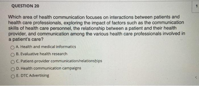 QUESTION 20 1 Which area of health communication focuses on interactions between patients and health care professionals, expl