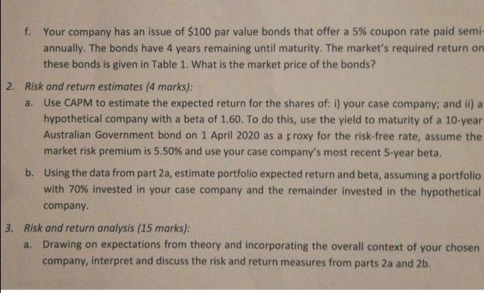 f. Your company has an issue of $100 par value bonds that offer a 5% coupon rate paid semi annually. The bonds have 4 years r