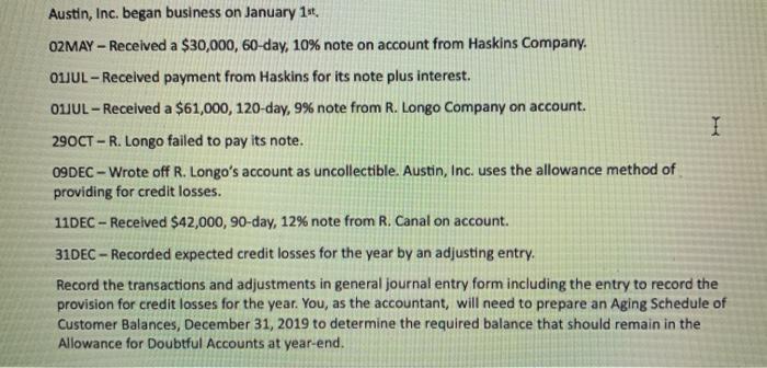 Austin, Inc. began business on January 1st. O2MAY-Received a $30,000, 60-day, 10% note on account from Haskins Company 01JUL-