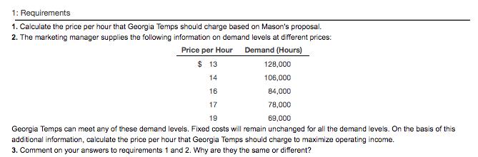 1: Requirements 1. Calculate the price per hour that Georgia Temps should charge based on Masons proposal. 2. The marketing