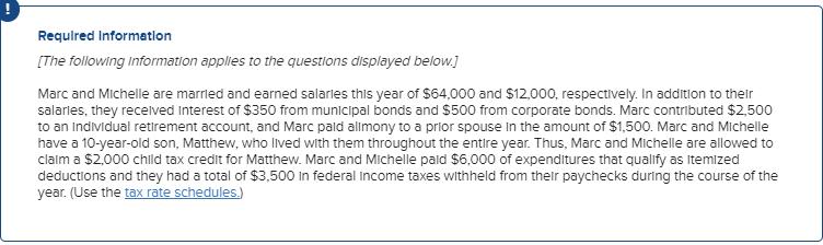 Required Information [The following Information applies to the questions displayed below.) Marc and Michelle are married and