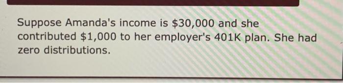 Suppose Amandas income is $30,000 and she contributed $1,000 to her employers 401K plan. She had zero distributions.