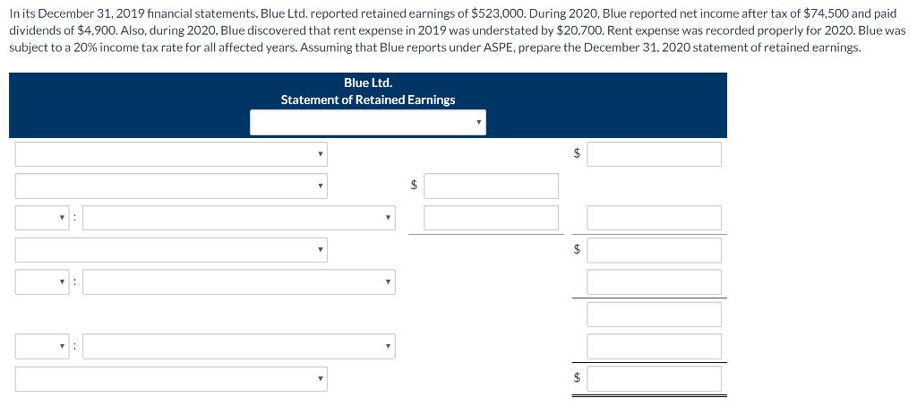 In its December 31, 2019 financial statements, Blue Ltd. reported retained earnings of $523,000. During 2020, Blue reported n