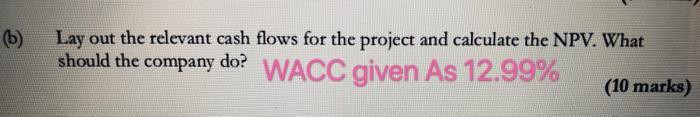 Lay out the relevant cash flows for the project and calculate the NPV. What should the WACC given As 12.99% (10 marks) compan