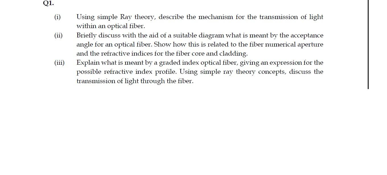 Q1. Using simple Ray theory, describe the mechanism for the transmission of light within an optical fiber. Briefly discuss wi