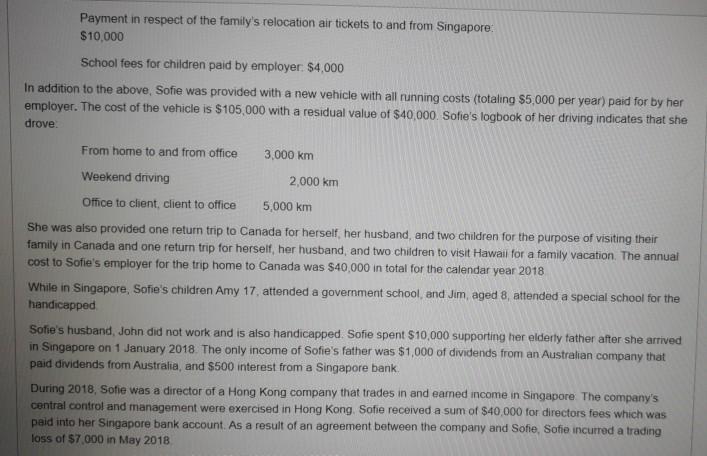 Payment in respect of the familys relocation air tickets to and from Singapore $10,000 School fees for children paid by empl