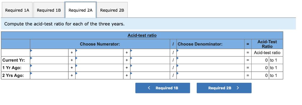 Required 1A Required 1B Required 2A Required 2B Compute the acid-test ratio for each of the three years. Acid-test ratio Choo