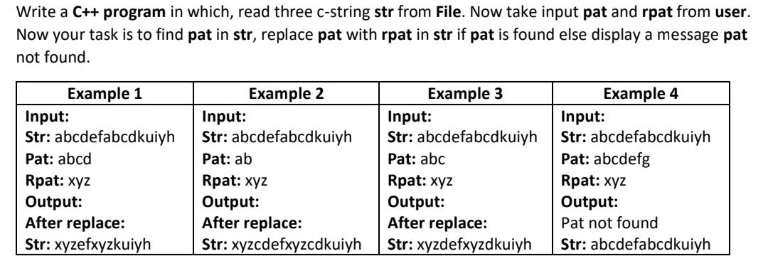 Write a C++ program in which, read three c-string str from File.