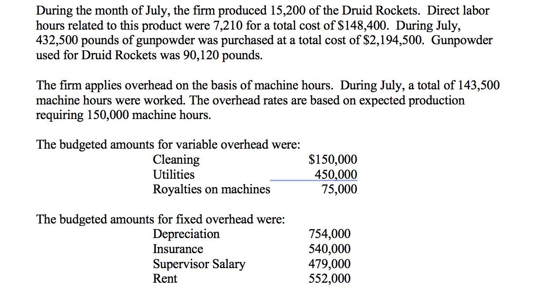 During the month of July, the firm produced 15,200 of the Druid Rockets. Direct labor hours related to this product were 7,21