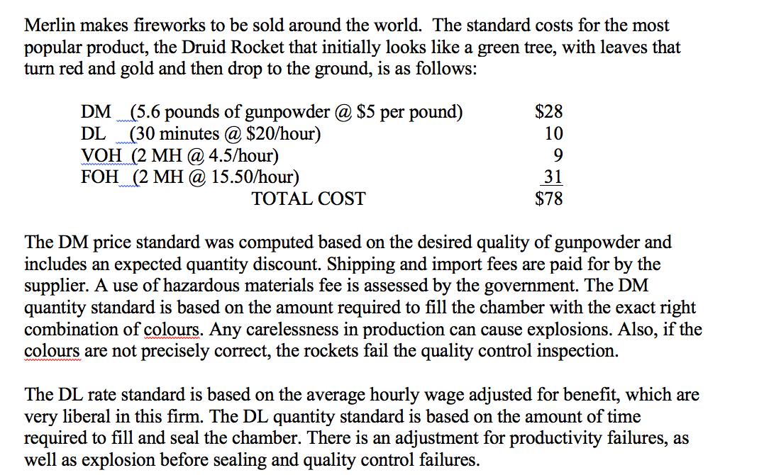 Merlin makes fireworks to be sold around the world. The standard costs for the most popular product, the Druid Rocket that in