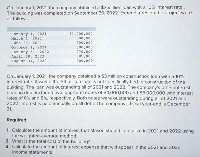 On January 1, 2021, the company obtained a $3 million loan with a 10% interest rate.. The building was completed on September