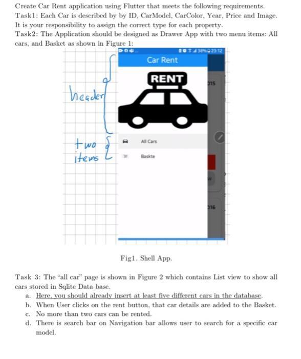 Create Car Rent application using Flutter that meets the following requirements. Taski: Each Car is described by by ID, CarMo