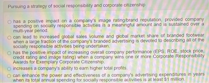 Pursuing a strategy of social responsibility and corporate citizenship O has a positive impact on a companys image rating/br