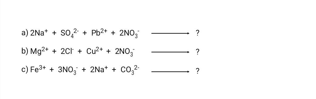 a) 2Na* + SO,?- + Pb2+ + 2NO, b) Mg2+ + 2Ch