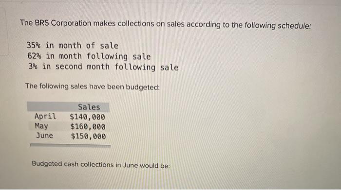 The BRS Corporation makes collections on sales according to the following schedule:35% in month of sale62% in month followi