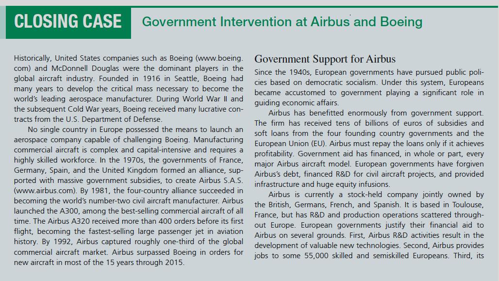 CLOSING CASE Government Intervention at Airbus and Boeing Historically, United States companies such as Boeing (www.boeing. G