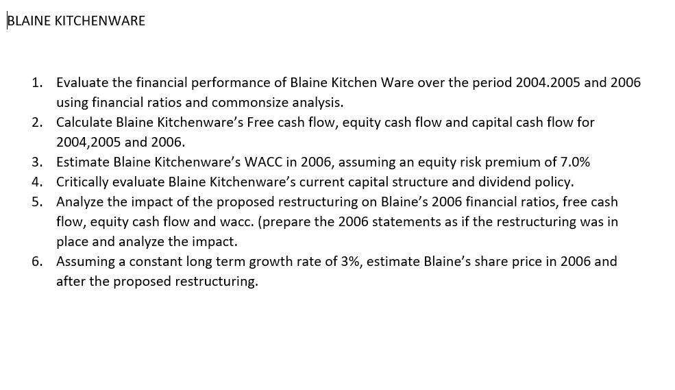 BLAINE KITCHENWARE 1. Evaluate the financial performance of Blaine Kitchen Ware over the period 2004.2005 and 2006 using fina