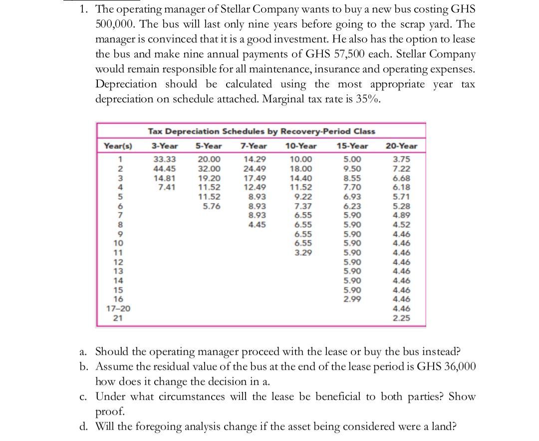 1. The operating manager of Stellar Company wants to buy a new bus costing GHS 500,000. The bus will last only nine years bef