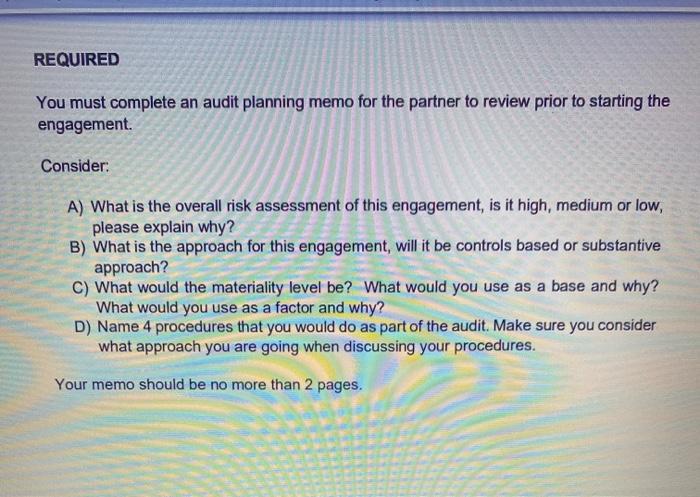 REQUIRED You must complete an audit planning memo for the partner to review prior to starting the engagement Consider: A) Wha